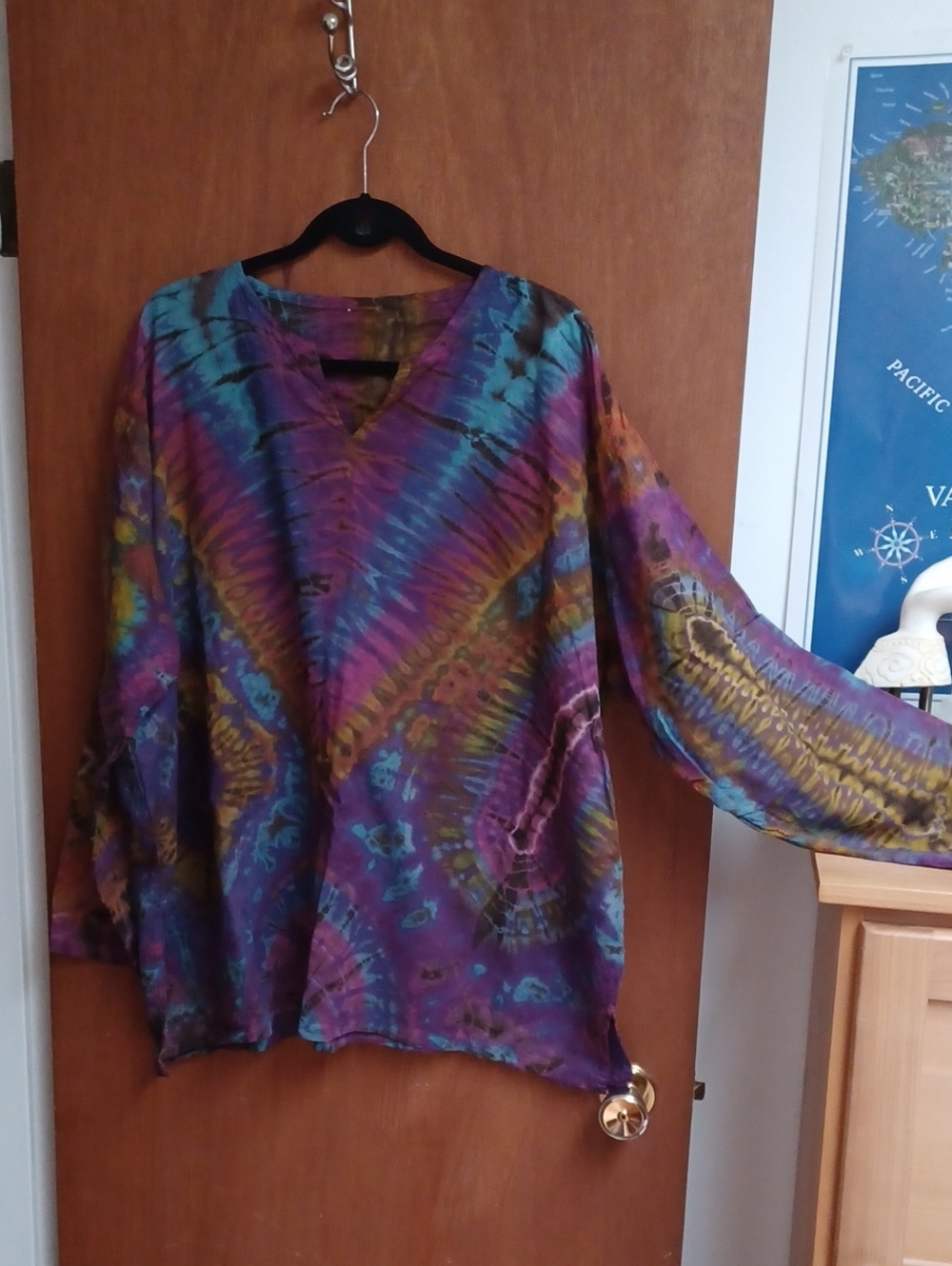 Tie-Dye Cotton V-Neck Boho Top in Purple, Teal & Gold